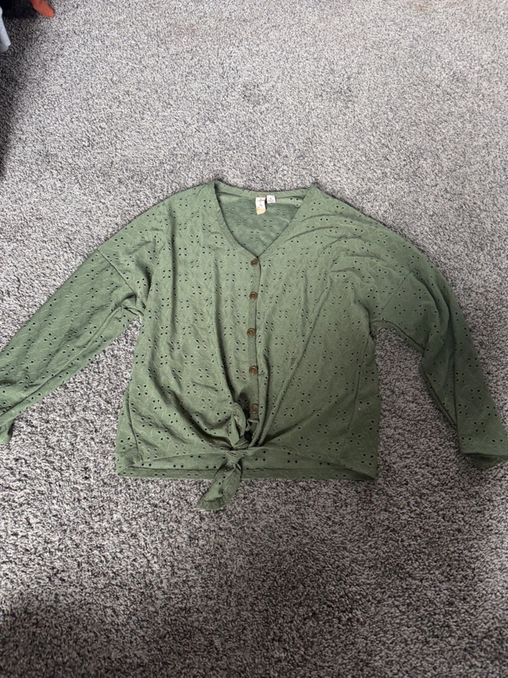 Misia Olive Green Eyelet Button-Front Tie Hem Blouse